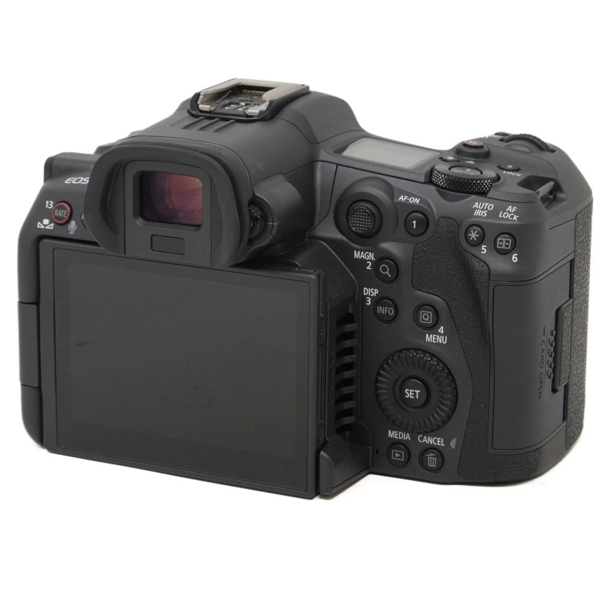 Black camera body with control buttons on a white background