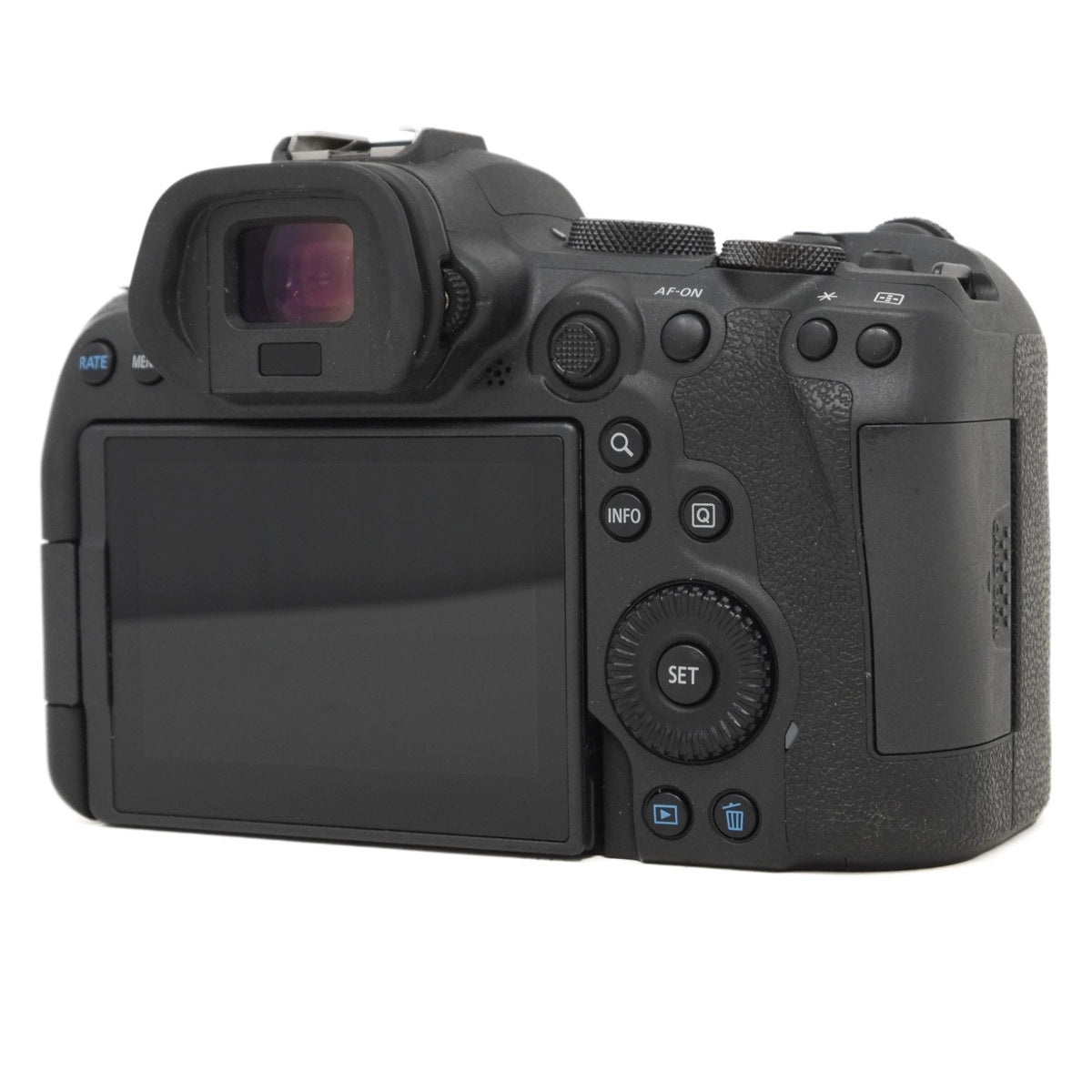 Back view of a black camera on a white background