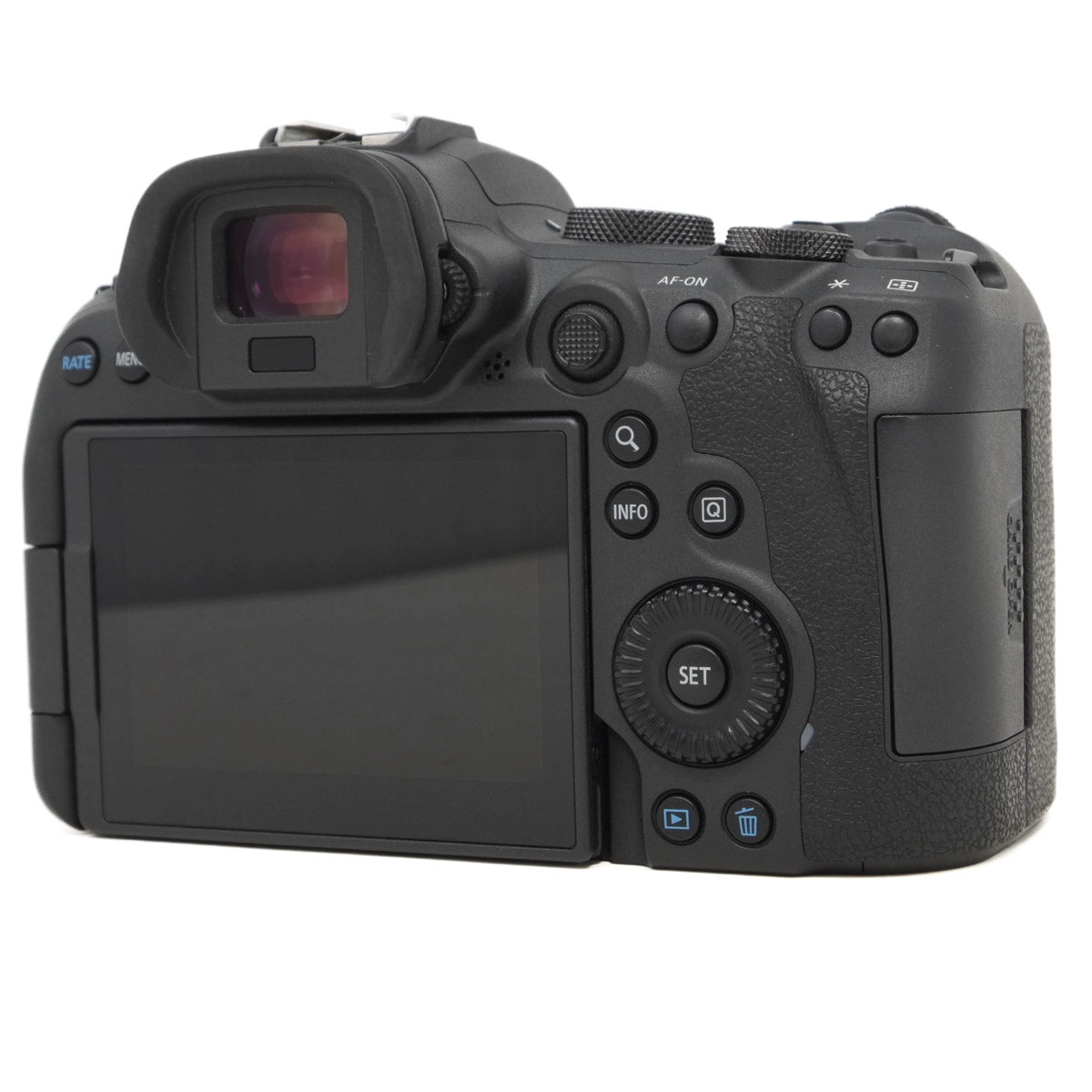 Back view of a black camera on a white background