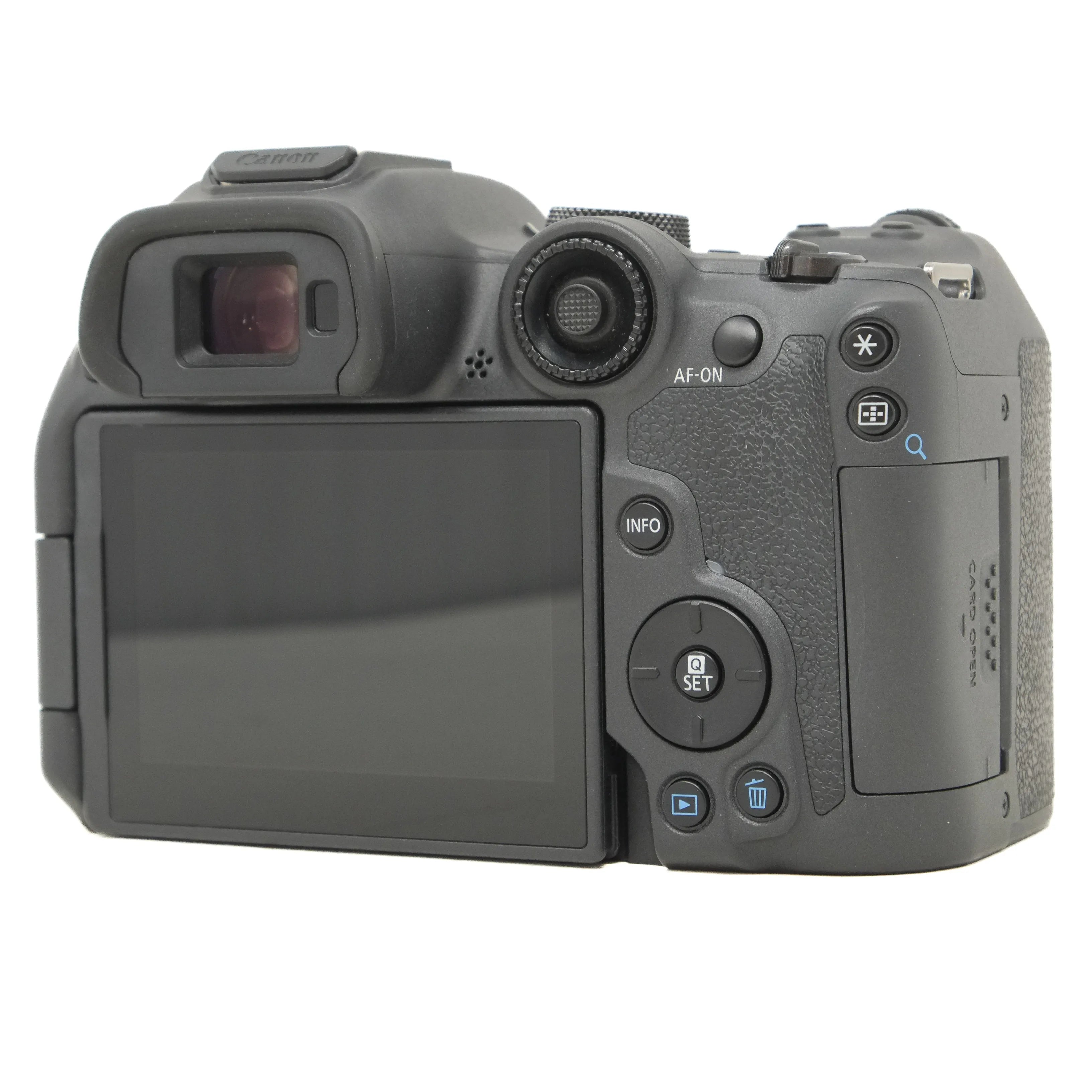 Back view of a Canon camera on a white background