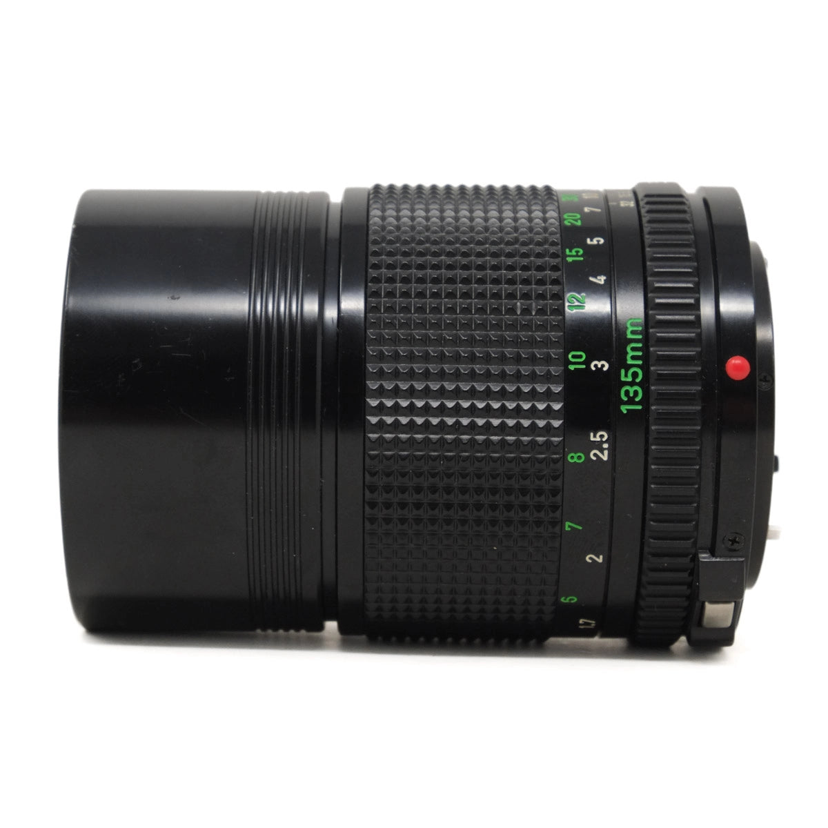 Camera lens with focus scale on a white background