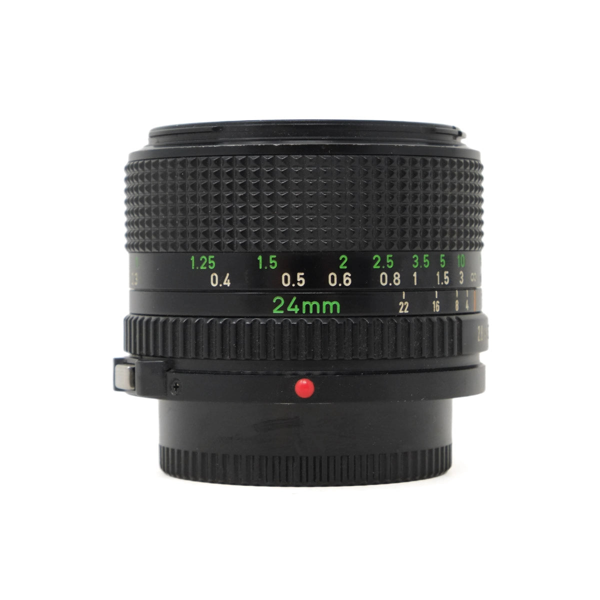 Camera lens with focus scale on a white background