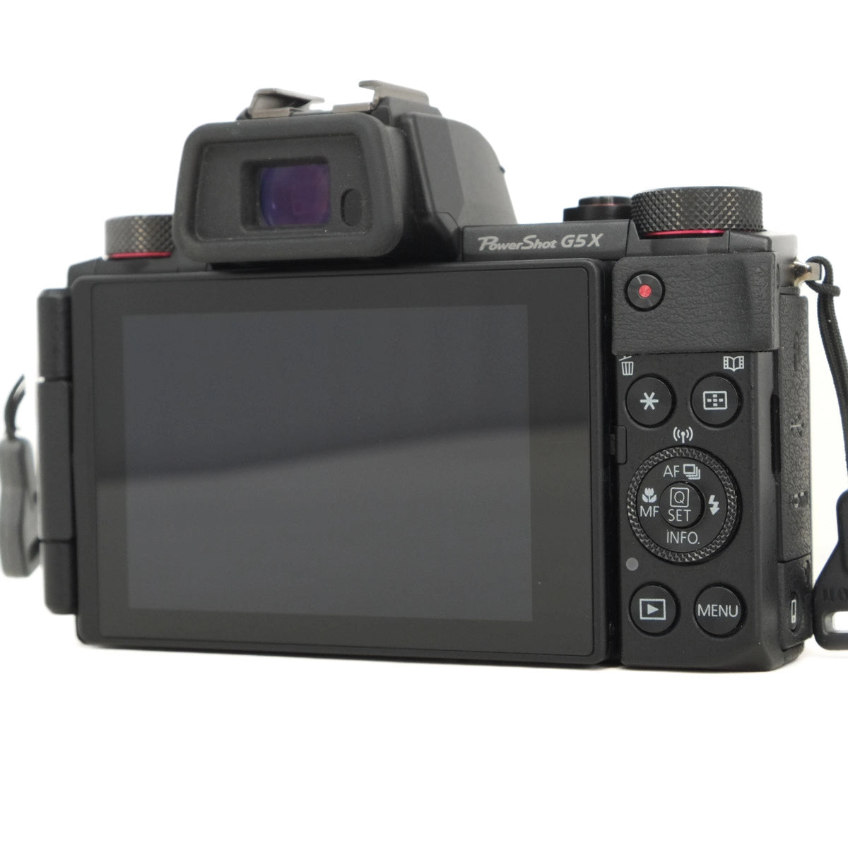 Digital camera with screen and control buttons on a white background