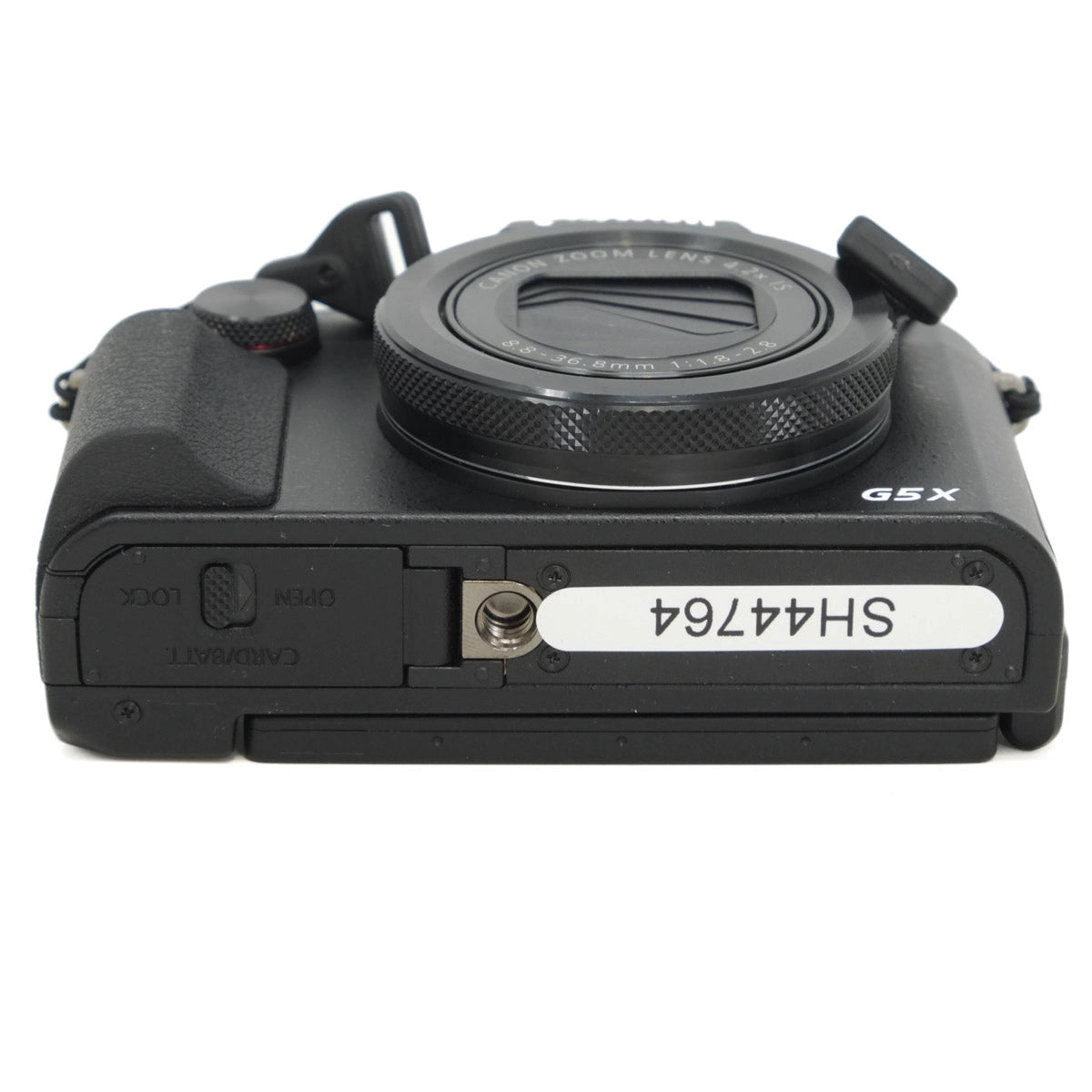 Black camera body with lens and brand name on a white background