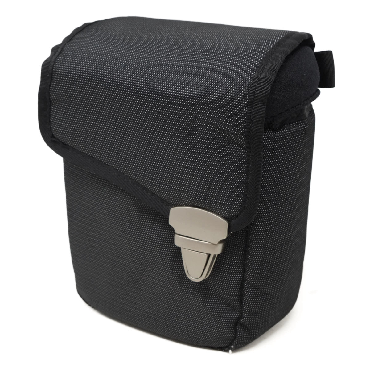 Black case with a silver buckle on a white background