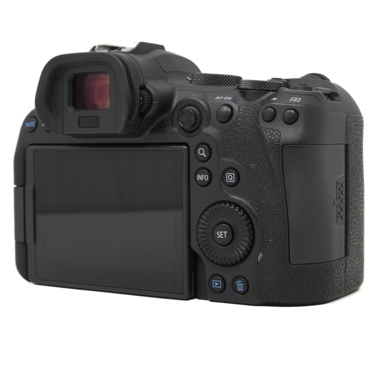 Back view of a black camera on a white background