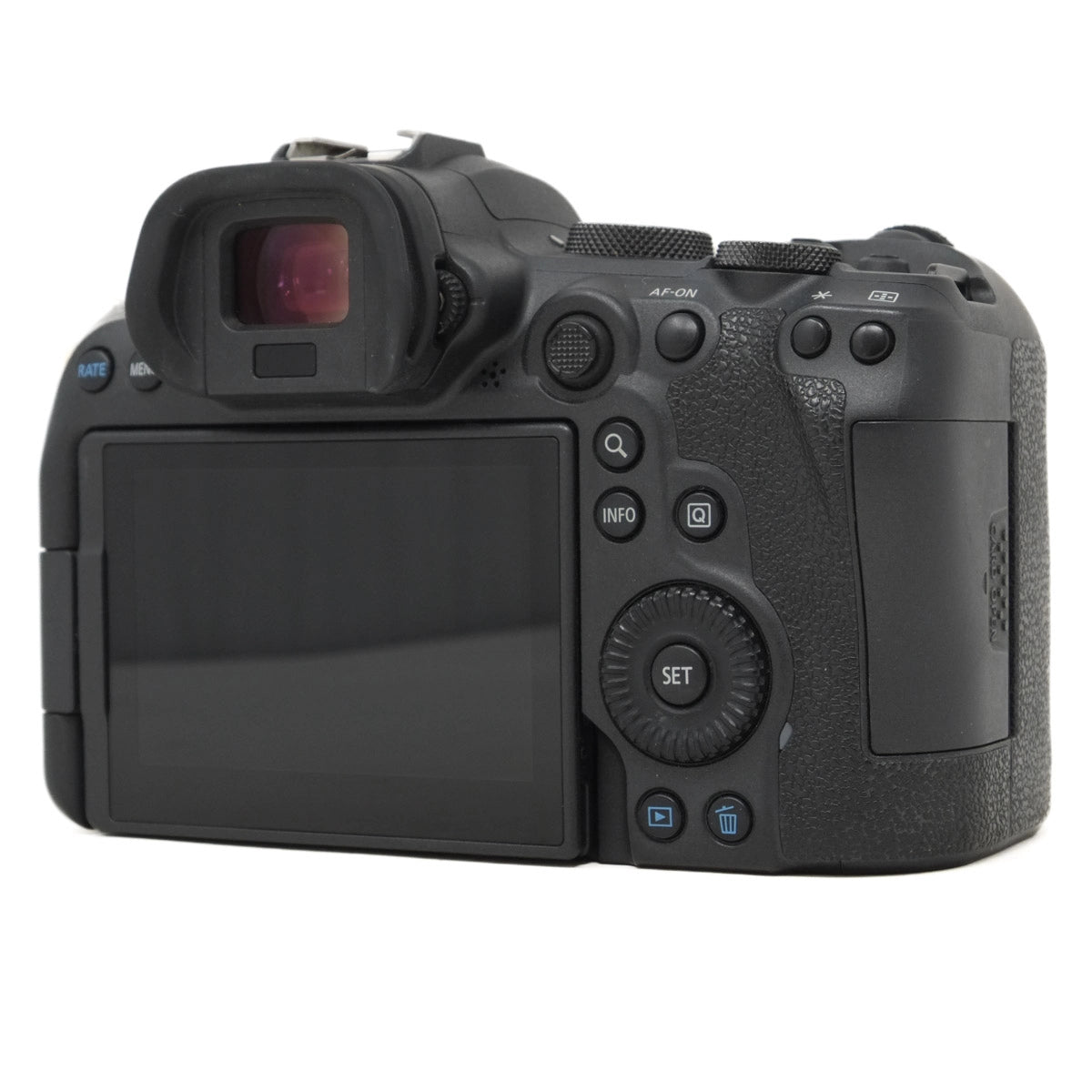 Back view of a black camera on a white background