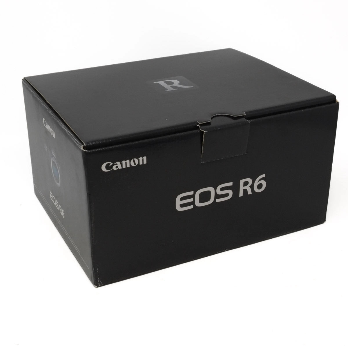 Black Canon EOS R6 camera box on a white background