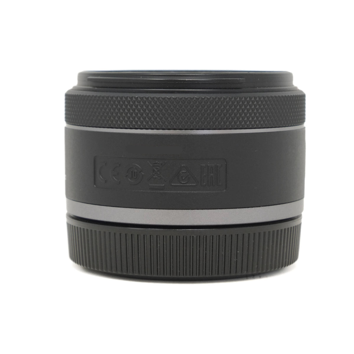 Black camera lens with text and symbols on a white background