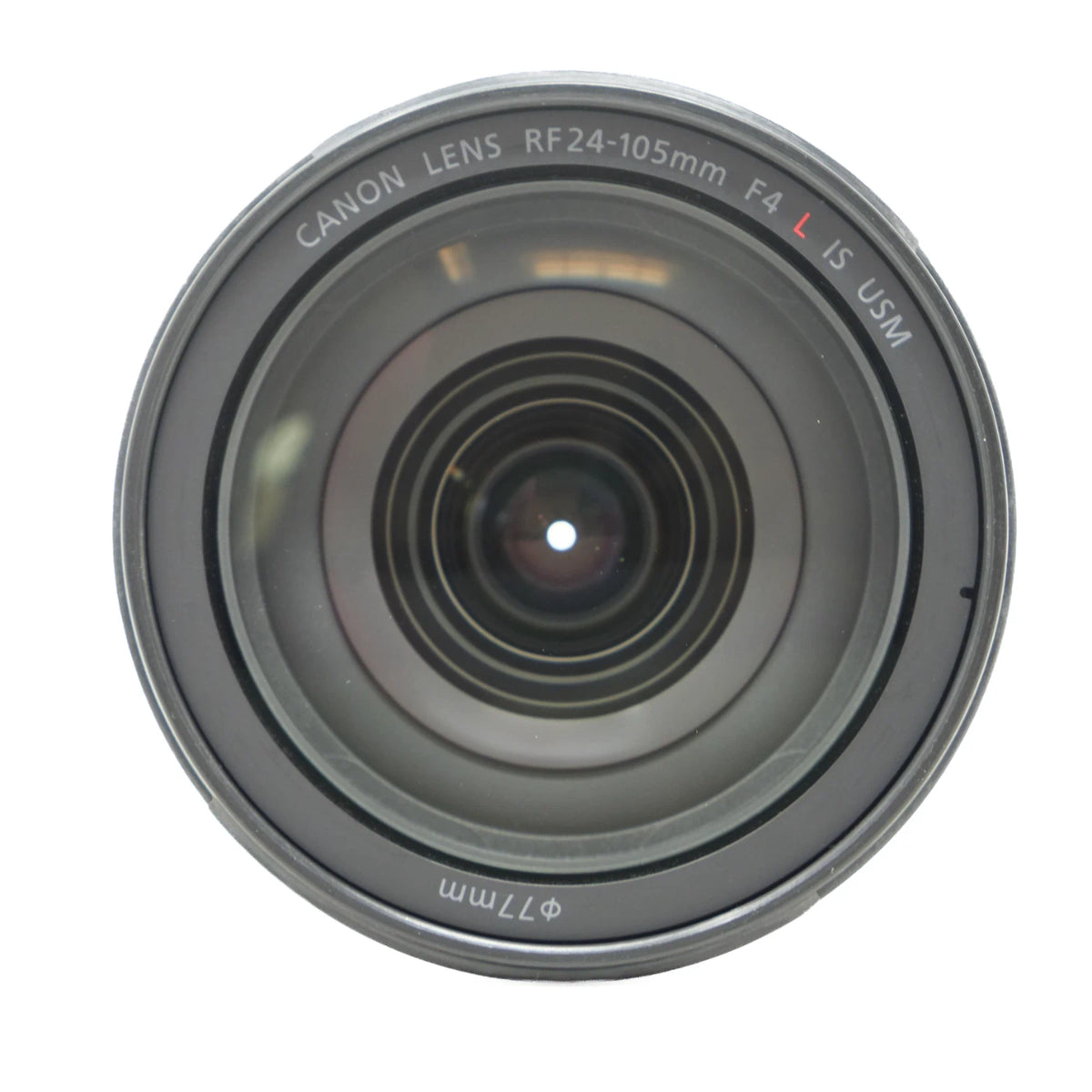 Canon RF24-105mm F4 L G USM lens photographed from the front on a plain white background.