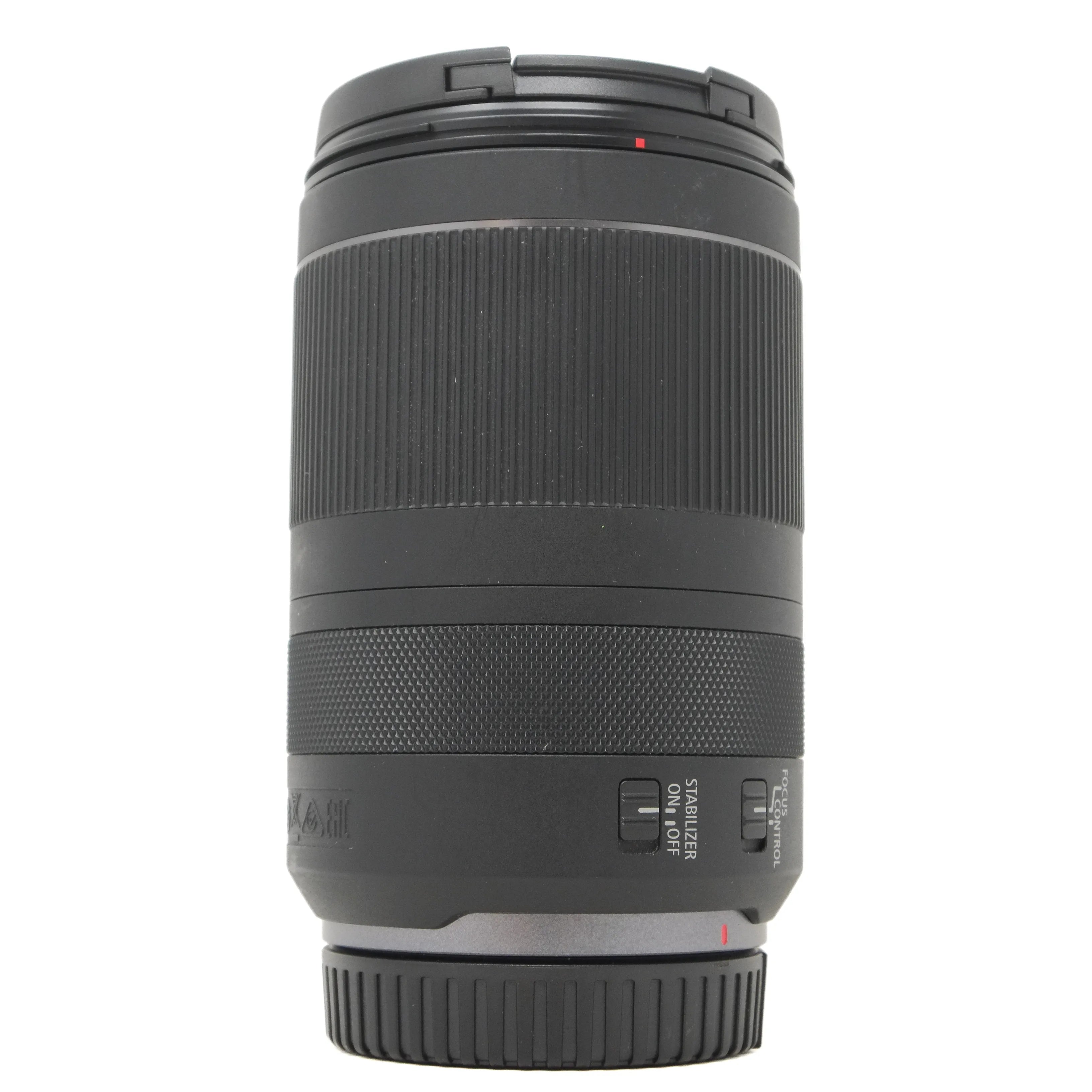 Black camera lens on a white background