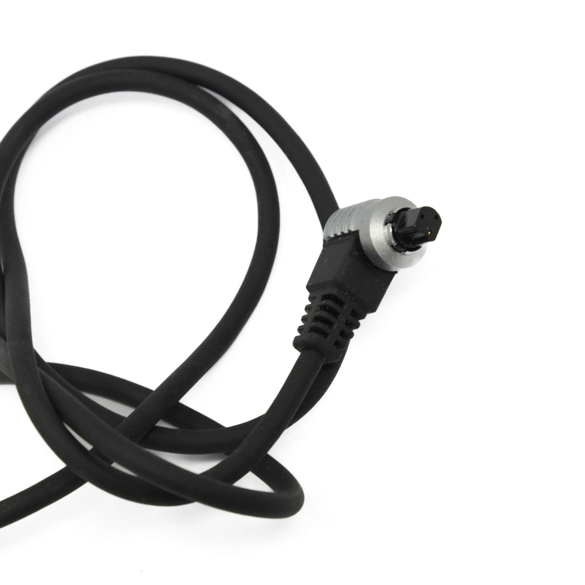 Black cable with a metal connector on a white background