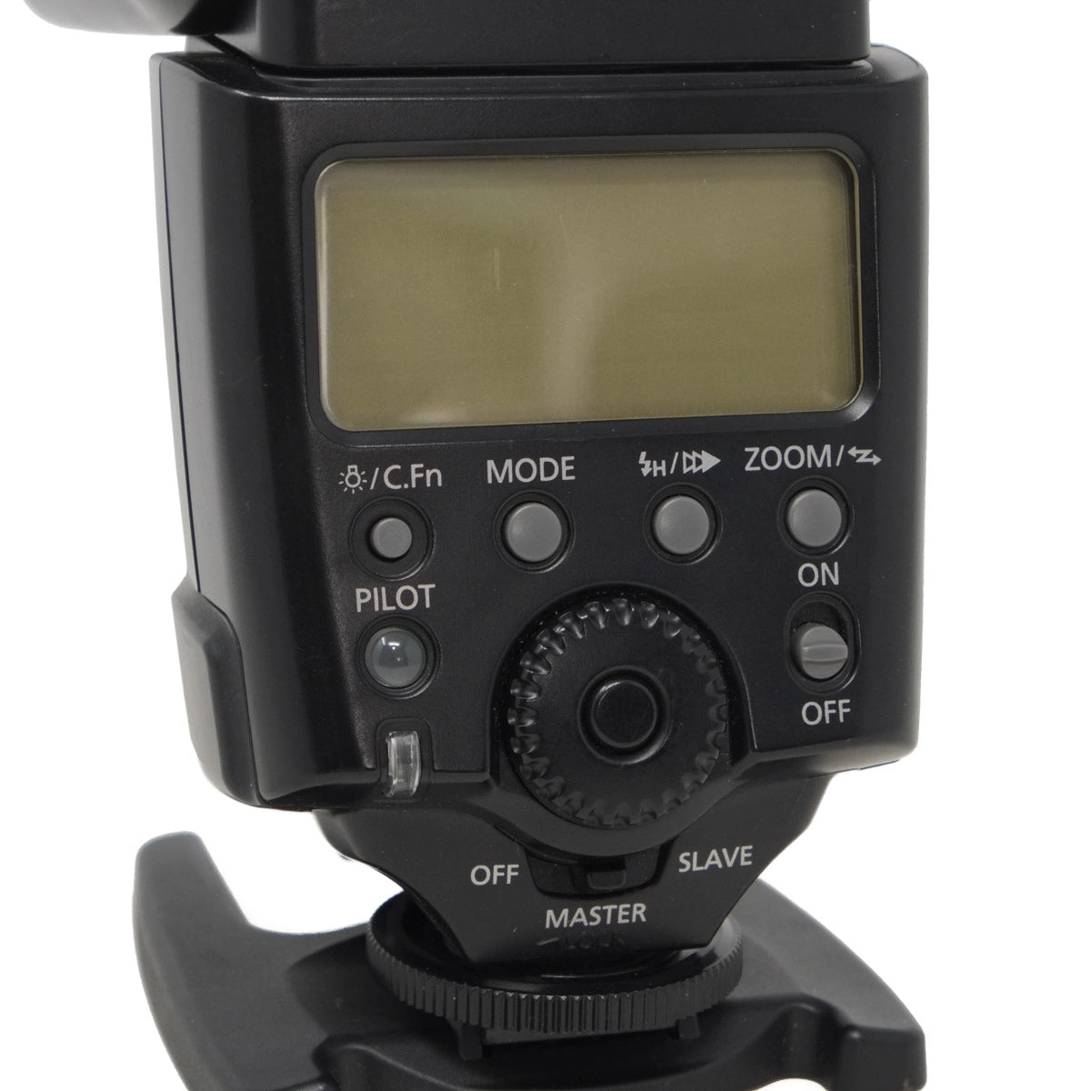 Close-up of a camera flash with control panel on a white background