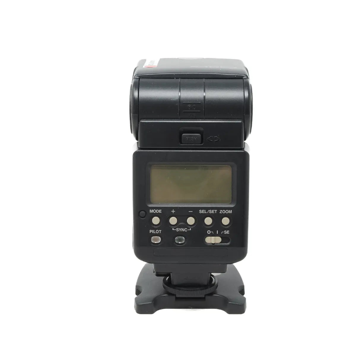 Black camera flash with digital display on a white background