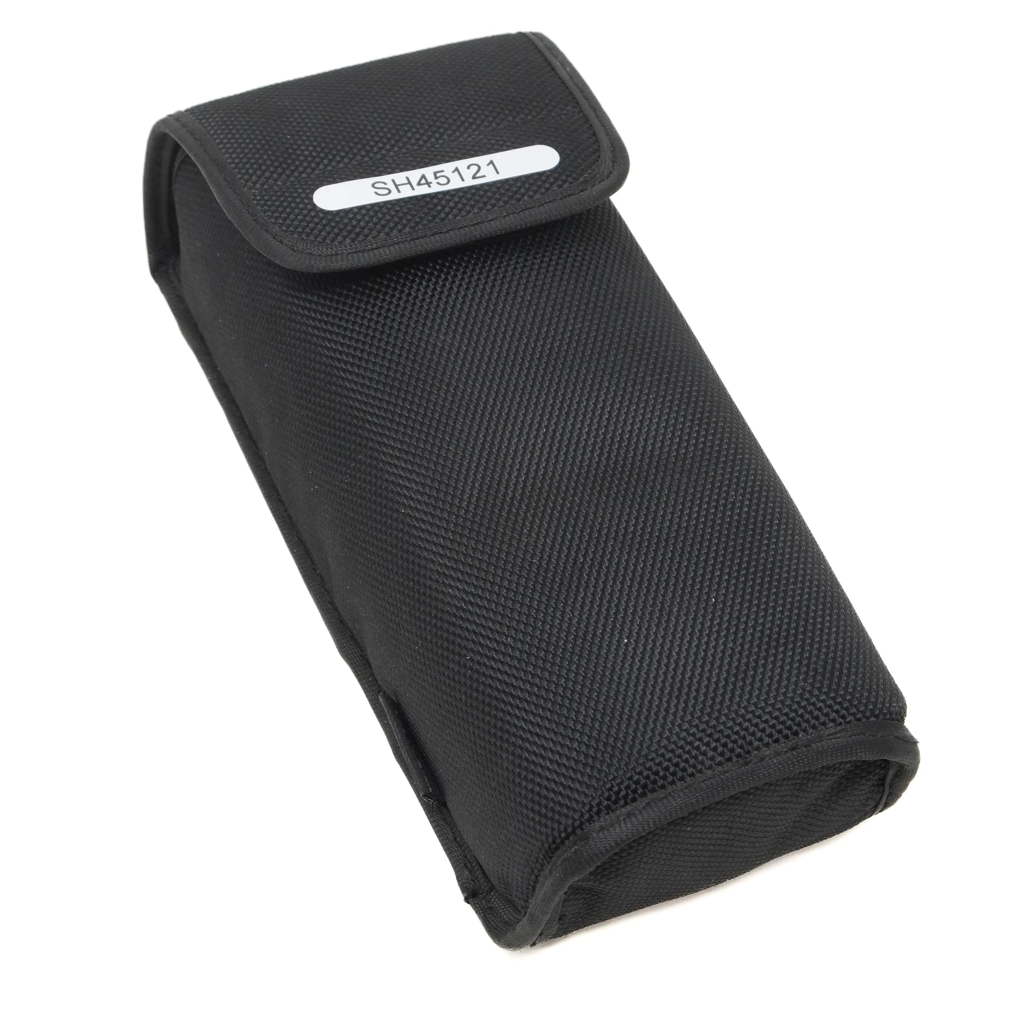 Black mesh pouch with a label on a white background