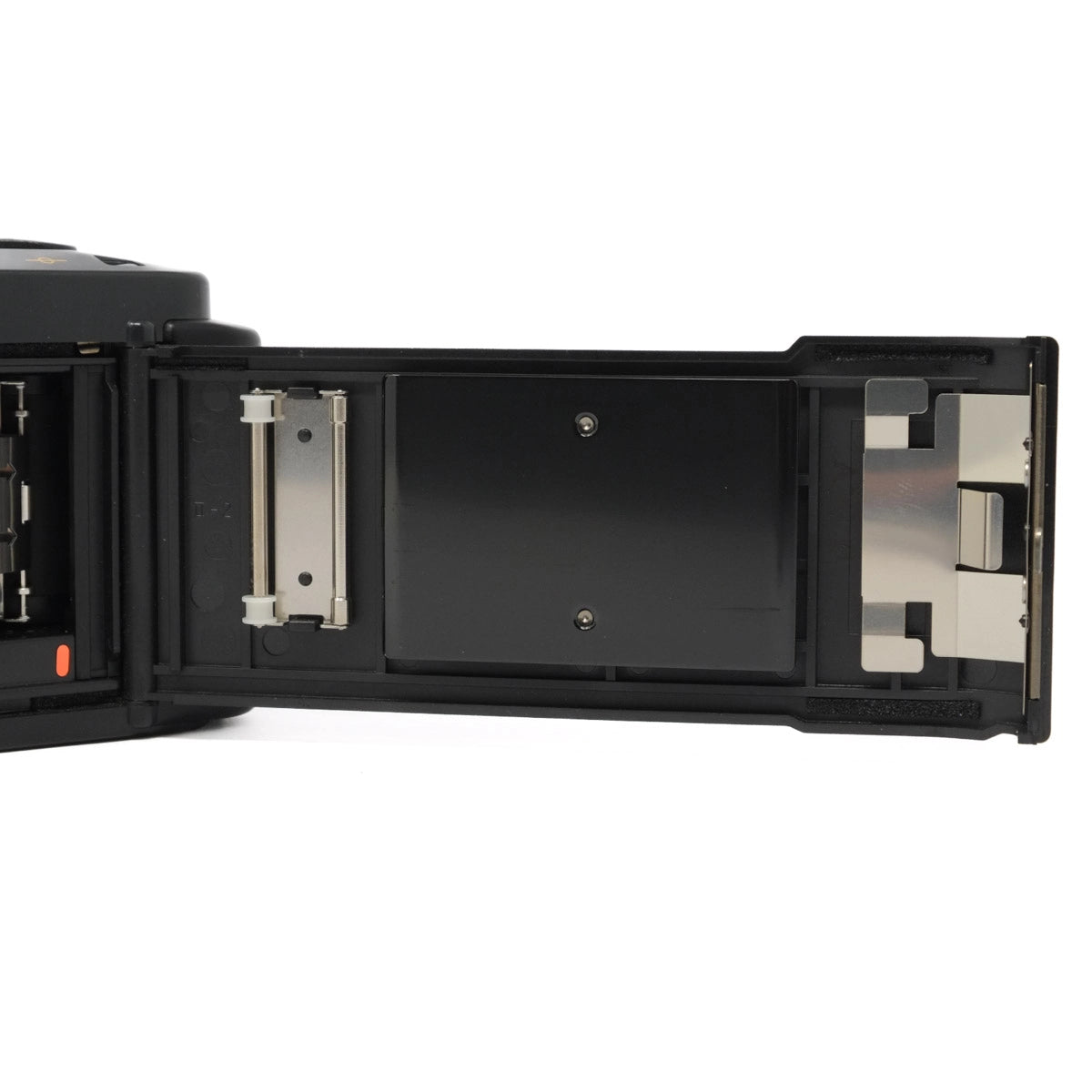 Open camera body with internal components on a white background