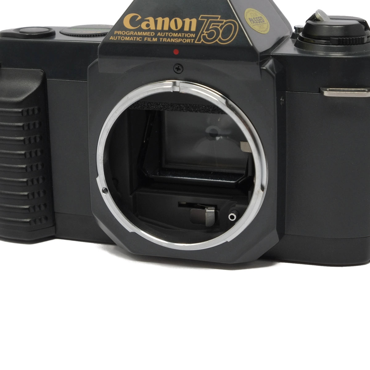 Vintage Canon T50 camera body on a white background