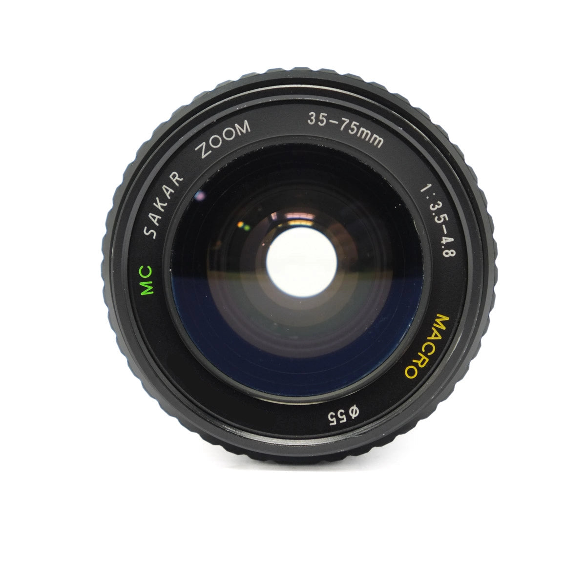 Camera lens with brand name on a white background