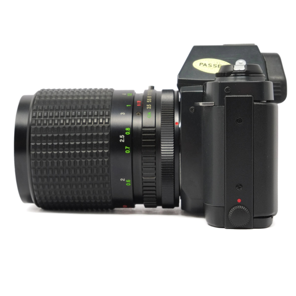 Vintage camera with lens on a white background