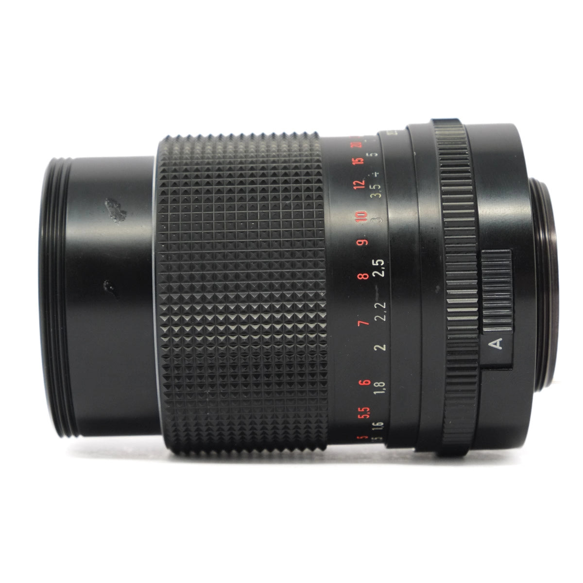 Camera lens with focus scale on a white background