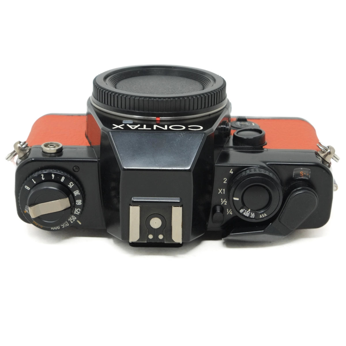 Vintage Contax camera with black and orange design on a white background
