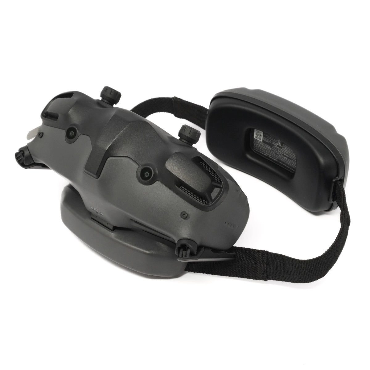 Black DJI goggles with a strap on a white background