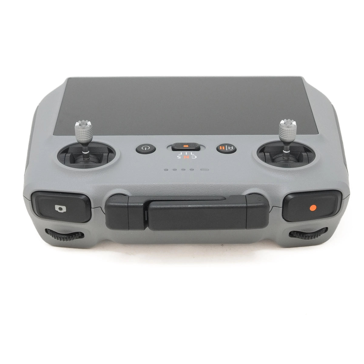 Gray drone controller with joystick and buttons on a white background
