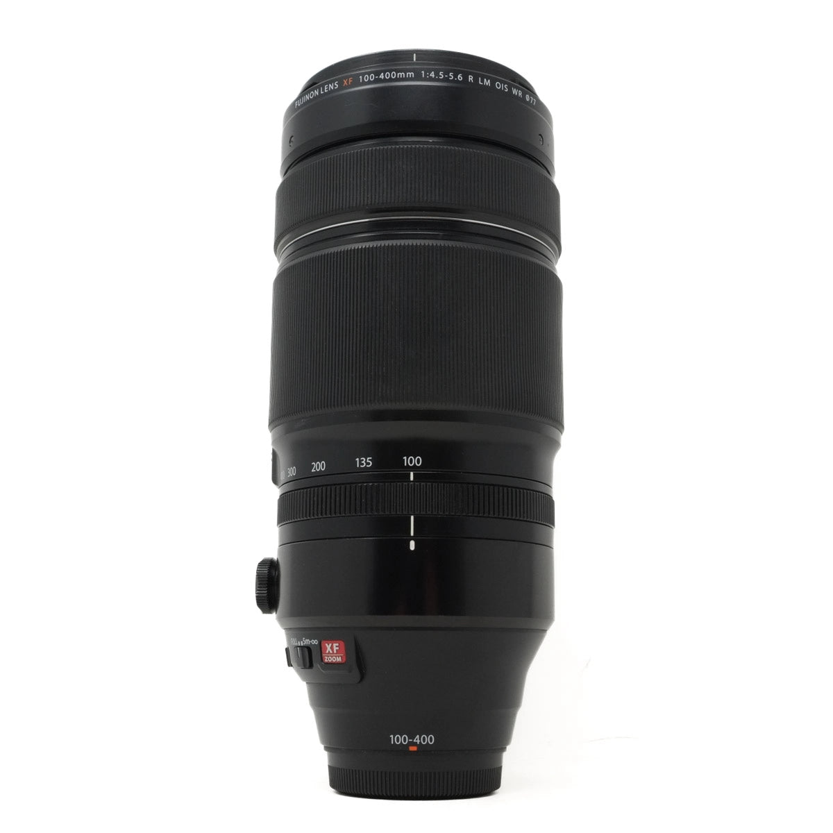 Camera lens with focus scale and brand logo on a white background