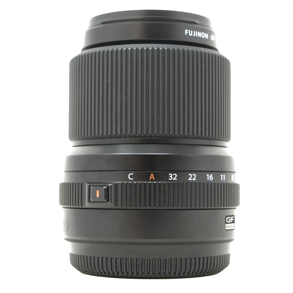 A black Fujinon GF 30mm lens with a focus switch and aperture ring, shown against a plain white background.