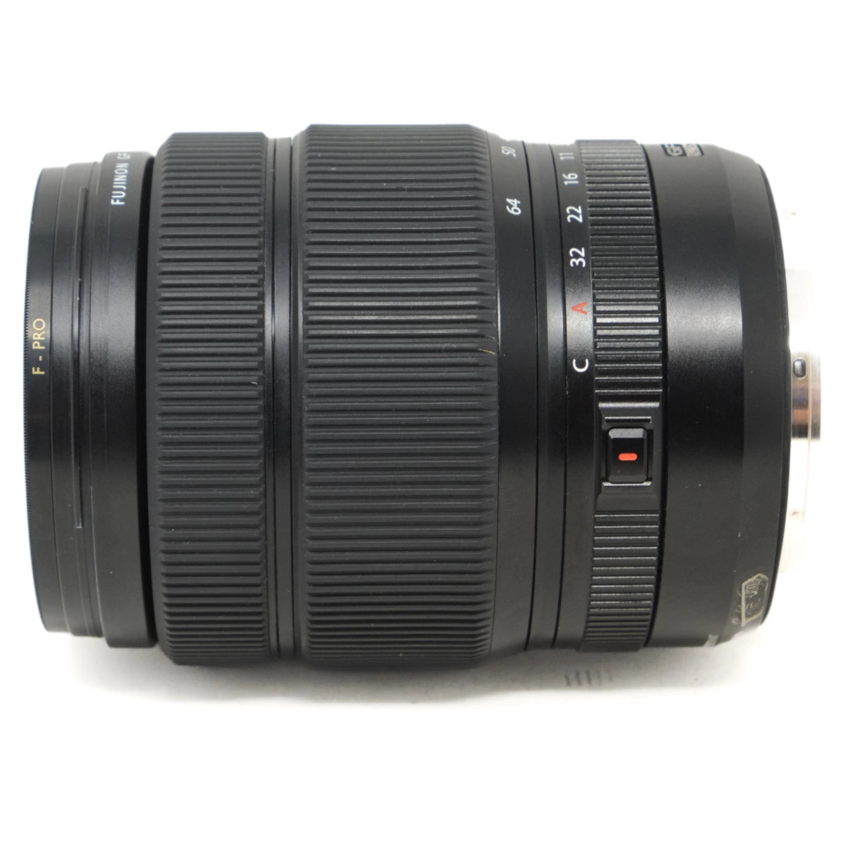 Camera lens with focus and aperture control on a white background
