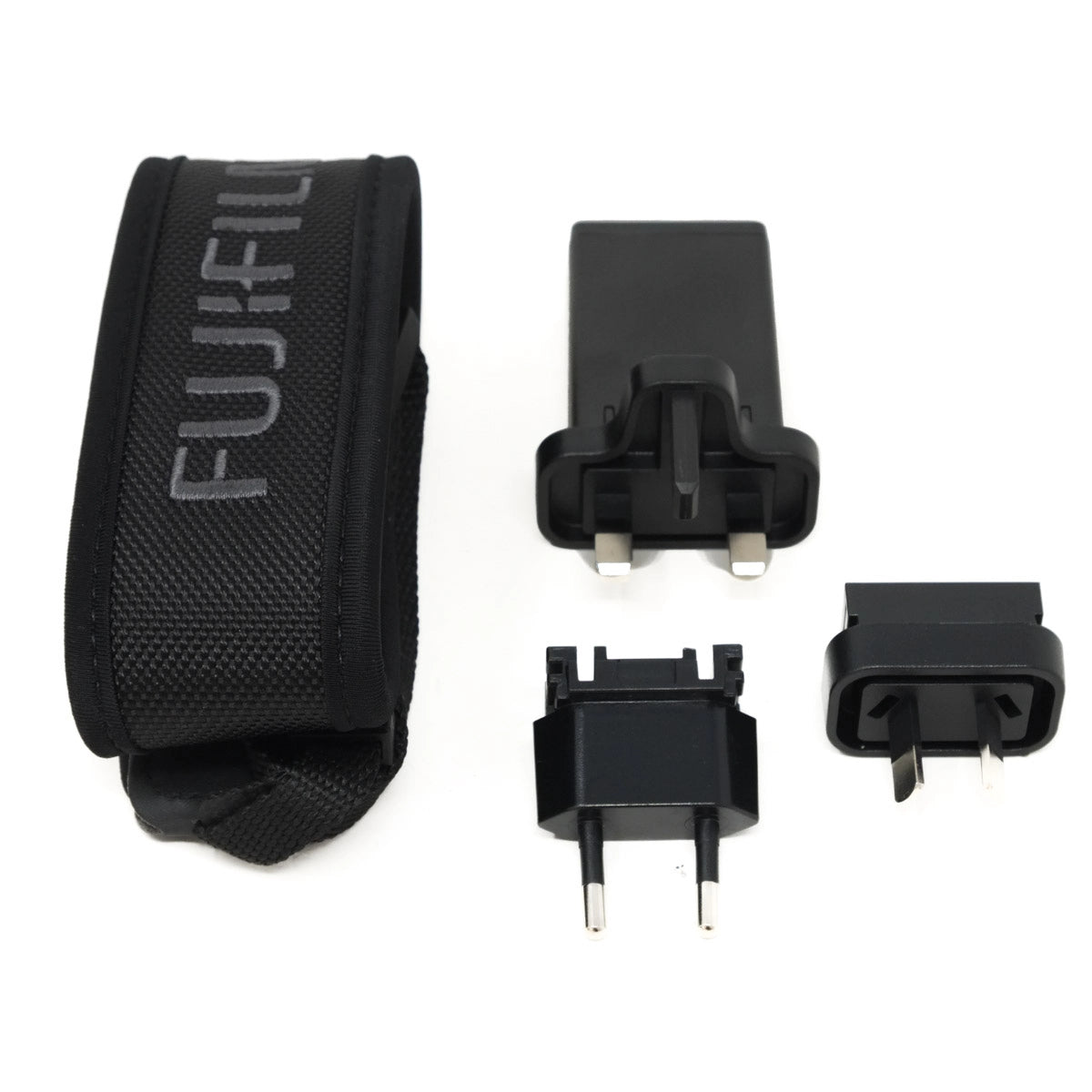 Set of black electronic accessories with Fujifilm branding on a white background