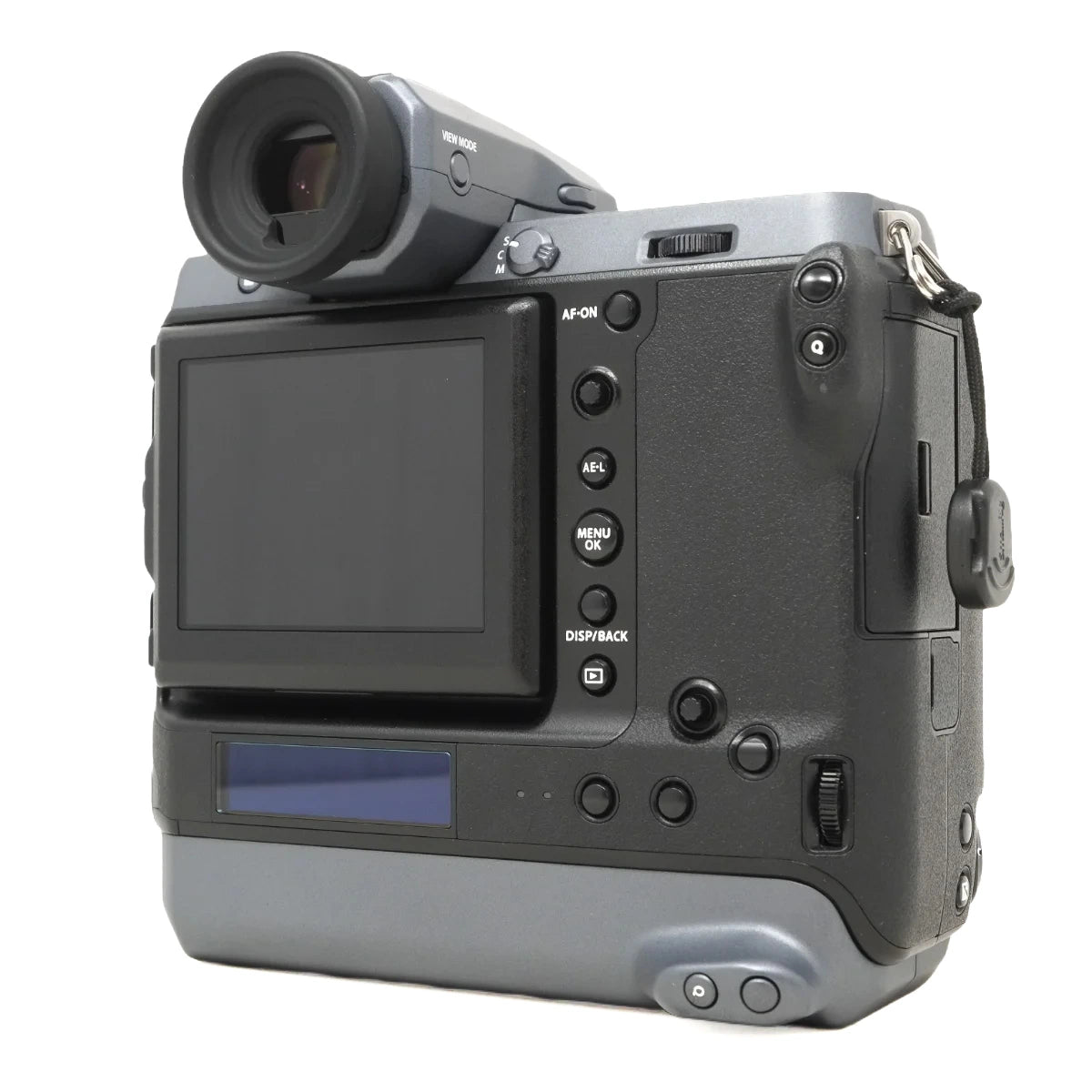 A heavy-duty medium format camera body with an attached battery grip, rear LCD screen, and top-mounted viewfinder, shown from a three-quarters angle on a white background.