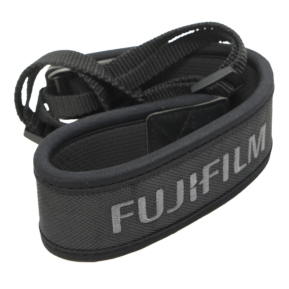 A black Fujifilm camera strap made of textured nylon webbing with a silver-gray 'FUJIFILM' logo printed on the front, shown on a plain white background.