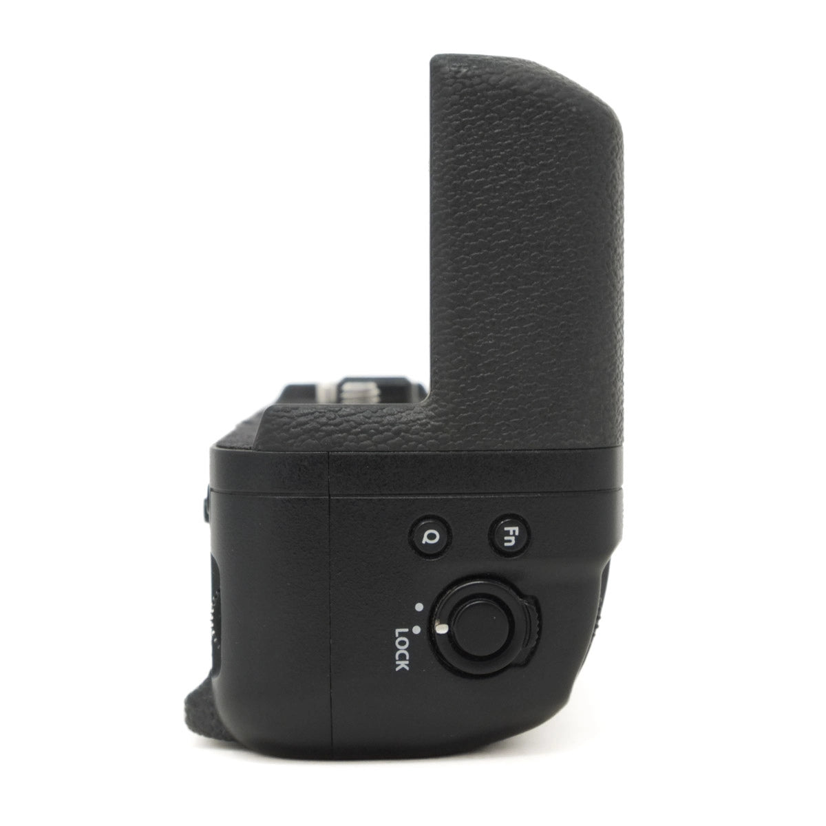 Black camera grip with control buttons on a white background