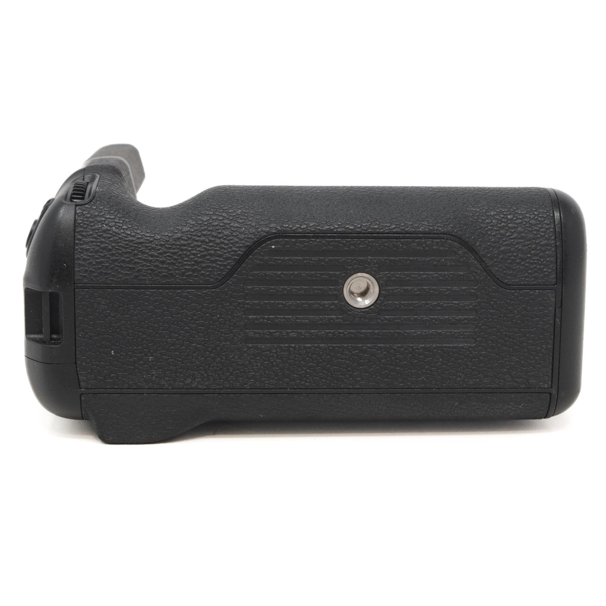 Black camera battery grip on a white background