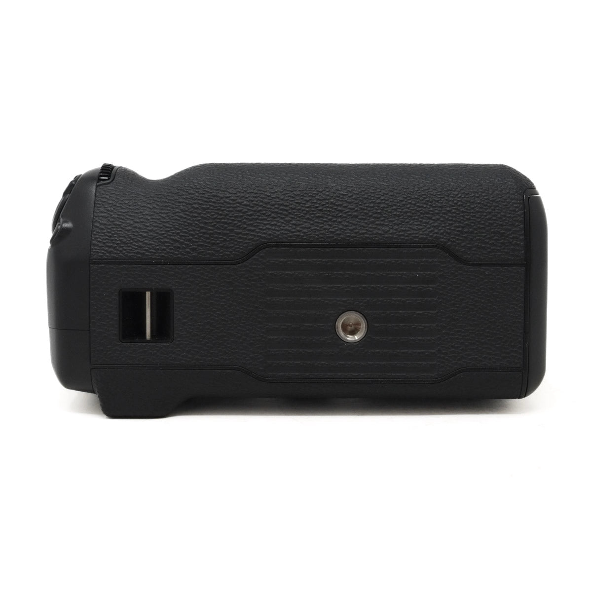 Black camera battery grip on a white background