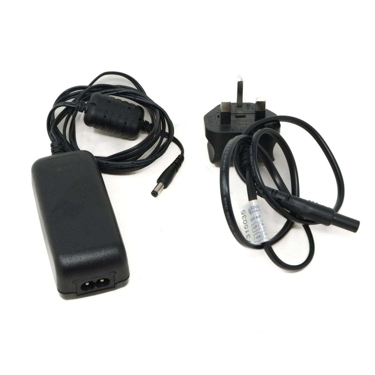 Black power adapter with cable on a white background