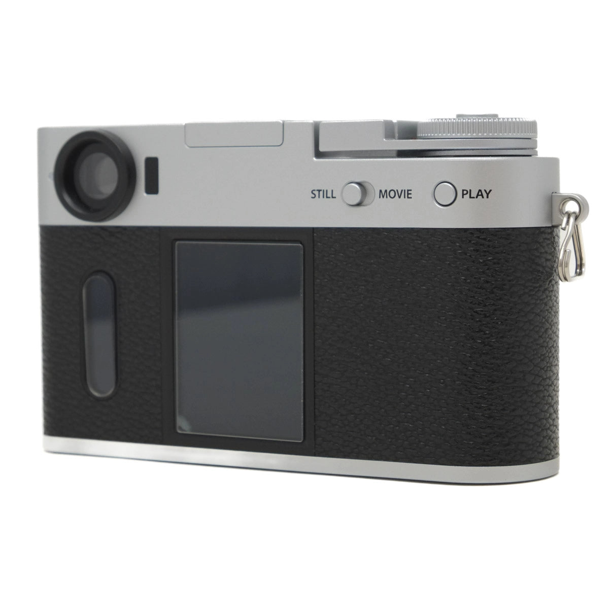 Camera with black and silver design on a white background