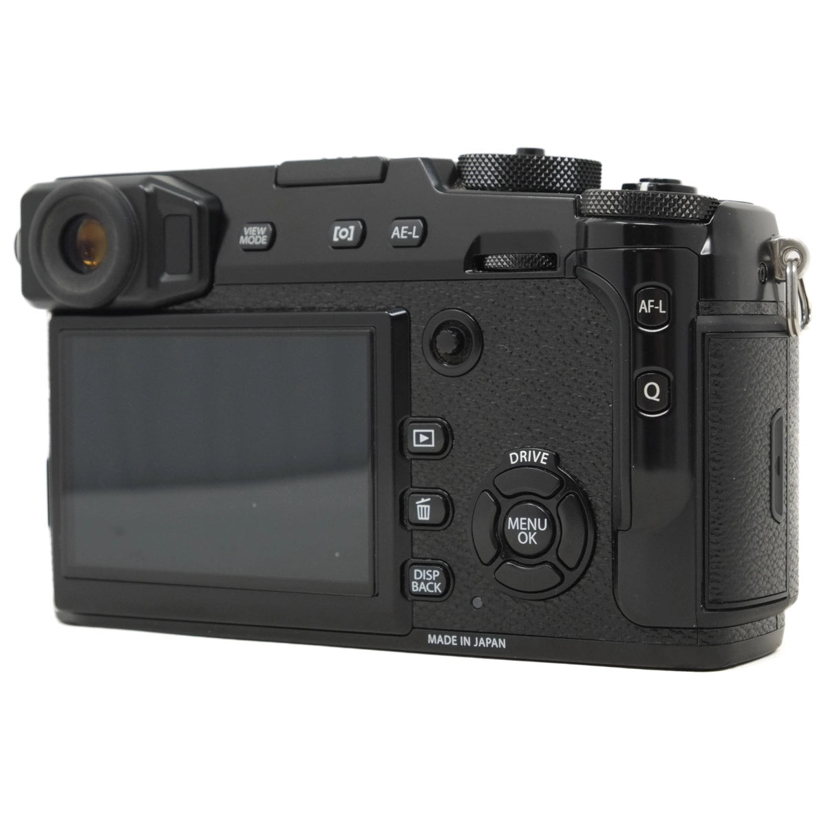 Black camera body with control buttons on a white background