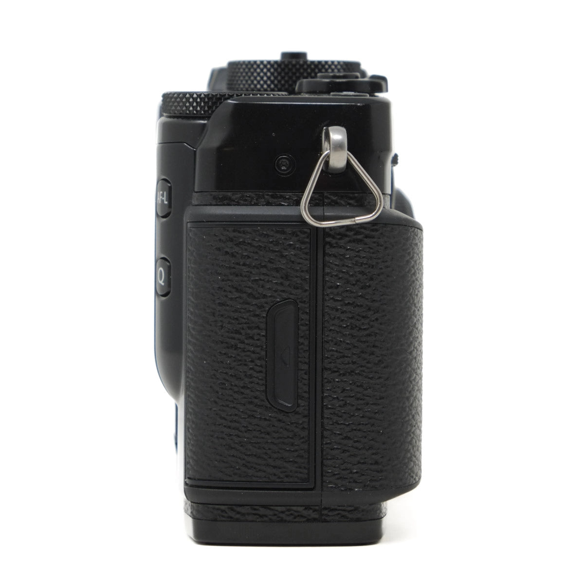 Black camera body with textured grip on a white background