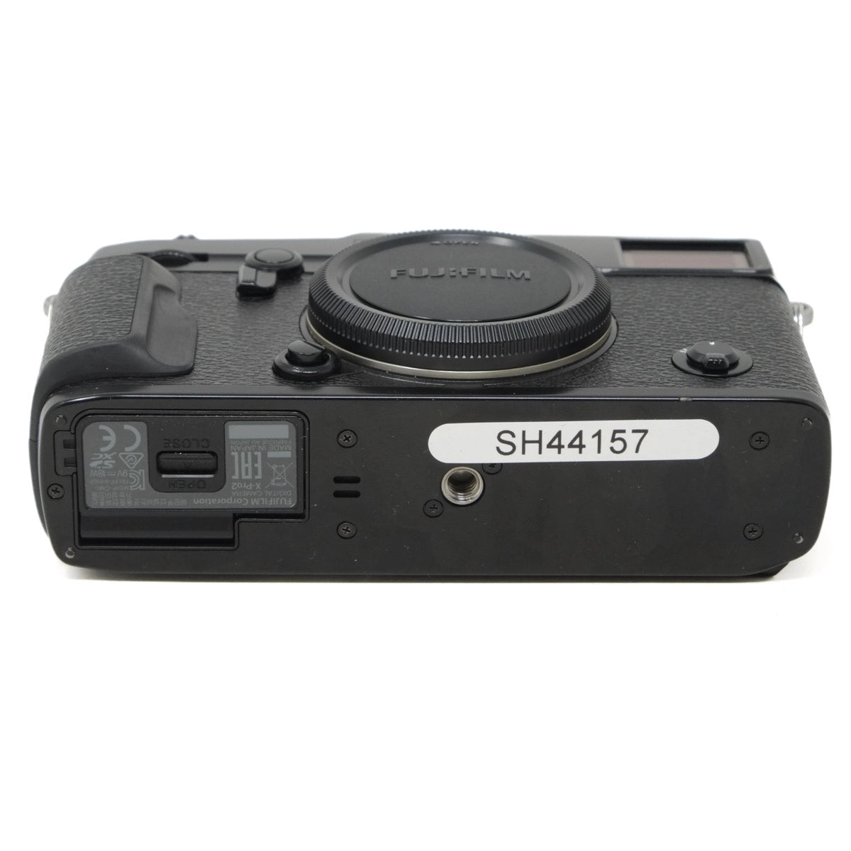 Black camera body with visible branding on a white background