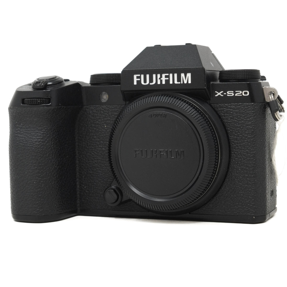 Black Fujifilm camera on a white background