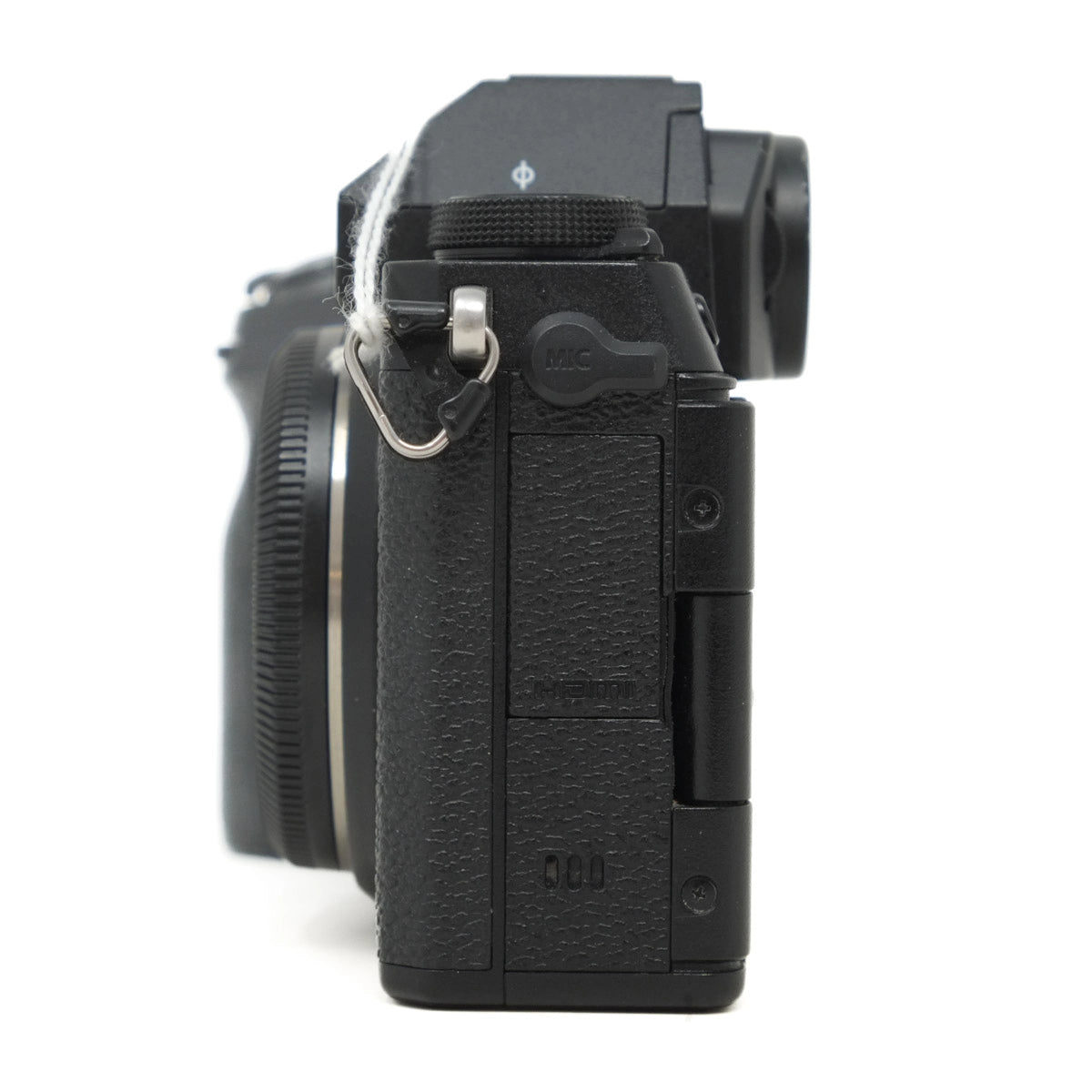 Black camera body on a white background