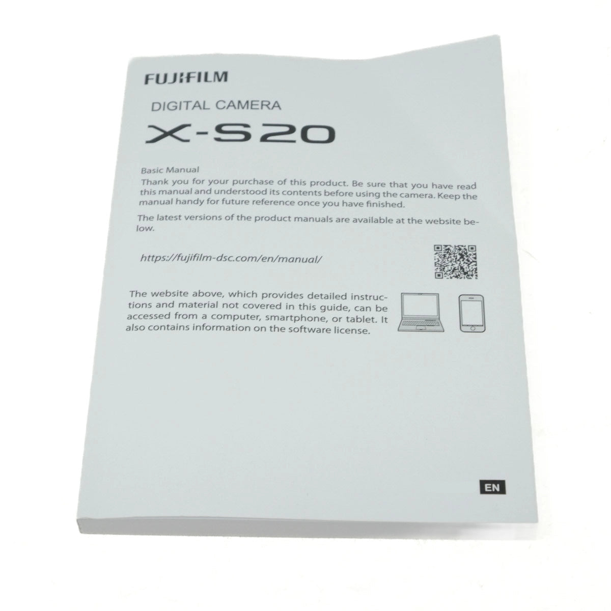 Fujifilm X-S20 digital camera manual on a white background