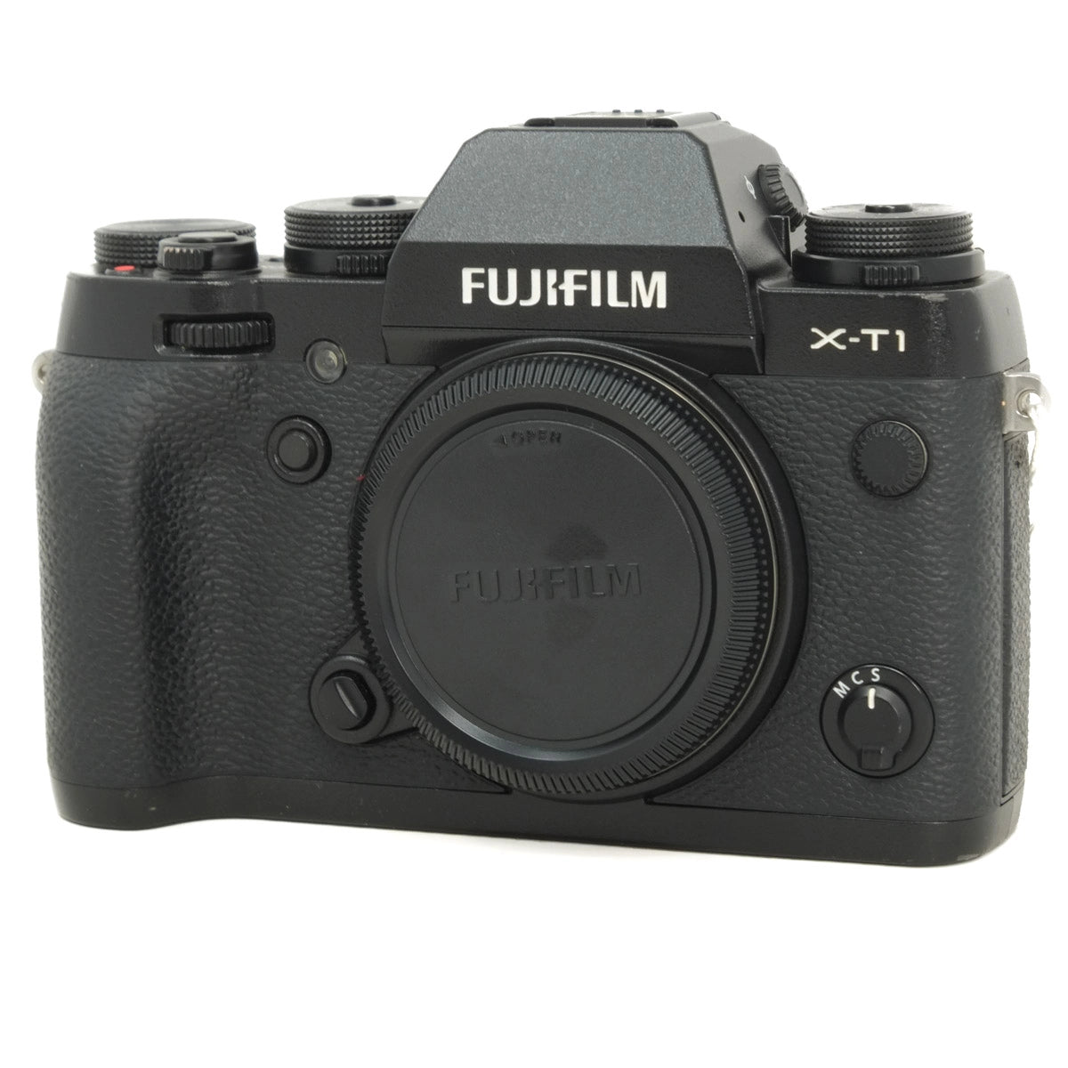 Black Fujifilm camera on a white background