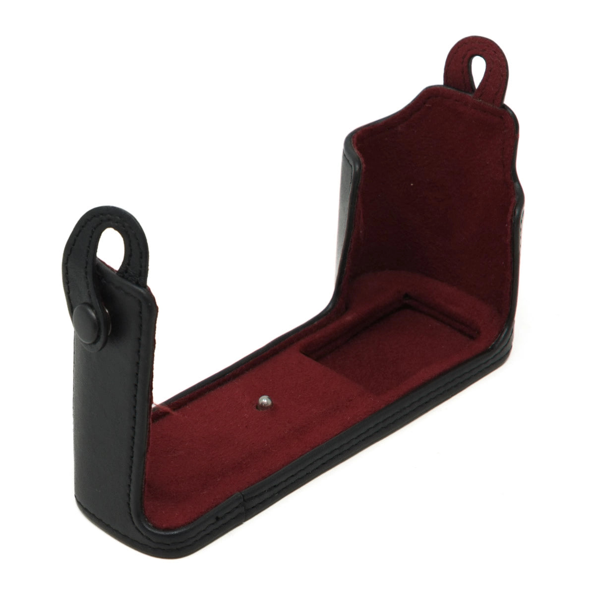 Black leather hard case with red interior on a white background