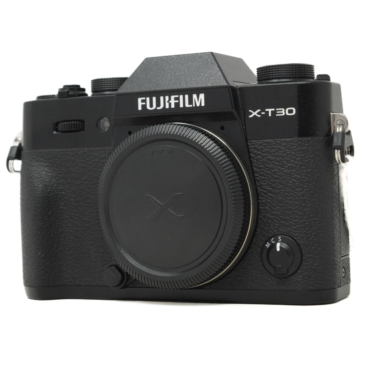 Black Fujifilm X-T30 camera on a white background