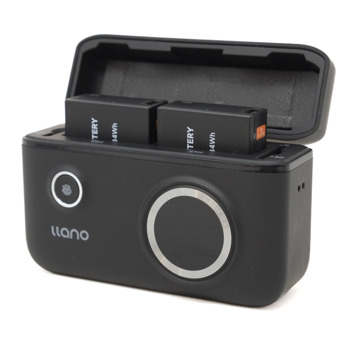 Black electronic device with battery compartments and 'llano' branding on a white background