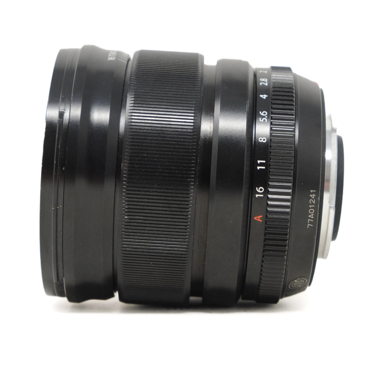 Camera lens with focus and aperture control on a white background