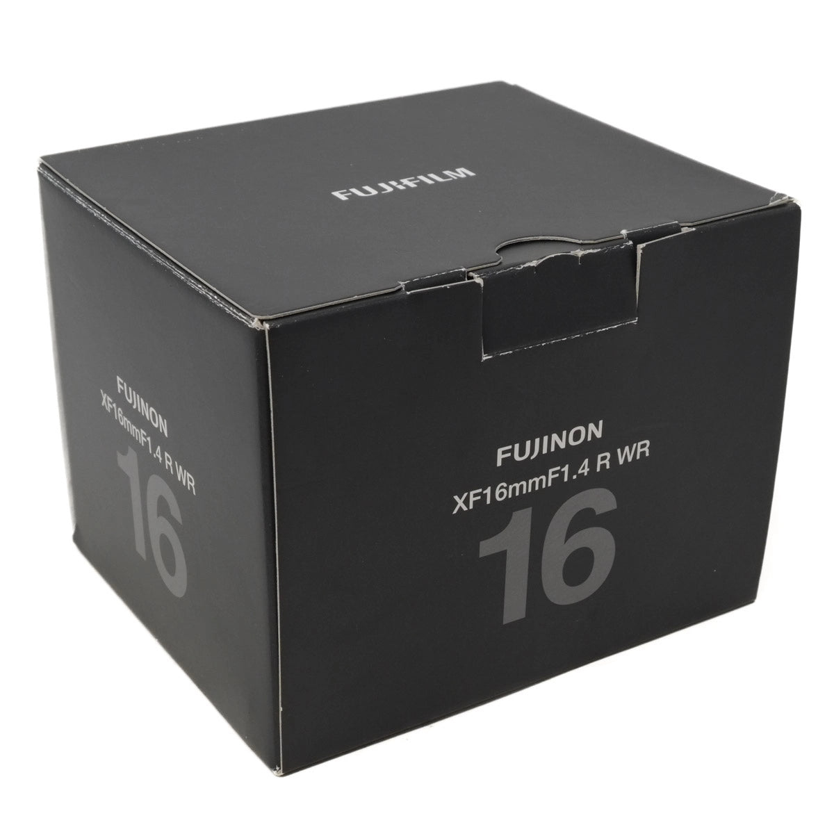 Black box with Fujifilm branding and 'Fujinon XF16mmF1.4 R WR' text on a white background